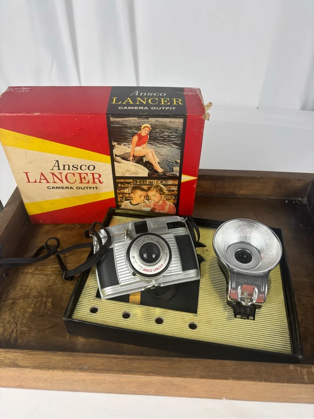 Vintage Ansco Lancer Camera Outfit w/ Flash & Original Box Untested 1950s
